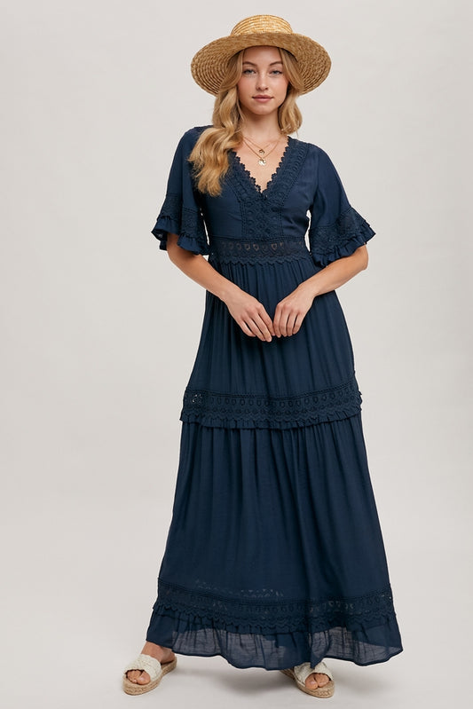 Women V- Neck Lace trim Maxi Dress By Bluivy