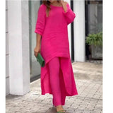 New Women's Cotton Linen Casual Wide Leg Pants Two Piece Set