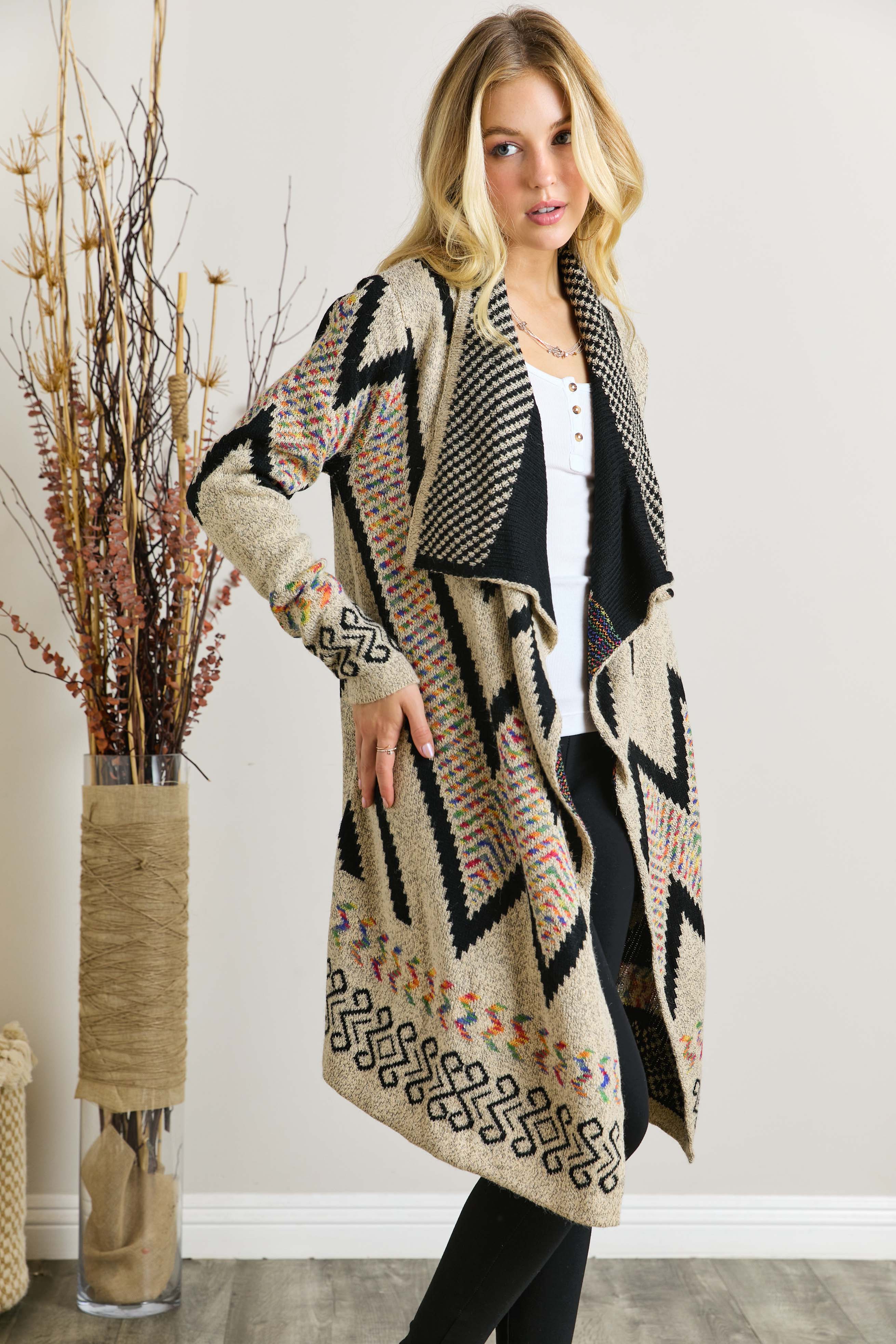 Women Sweater Aztec MULTI COLOR AZTEC SWEATER CARDIGAN: BEIGE