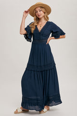 Women V- Neck Lace trim Maxi Dress By Bluivy