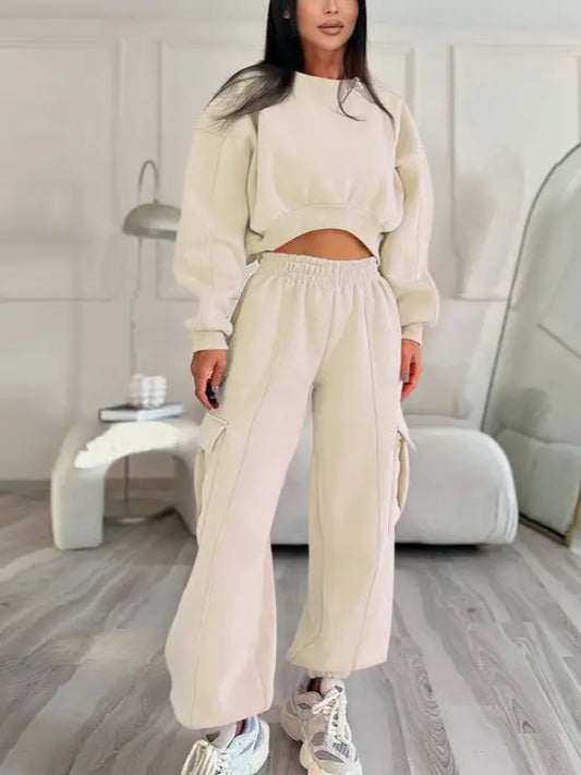 Women Cropped Sweatshirt and Pocketed Baggy Pant Set