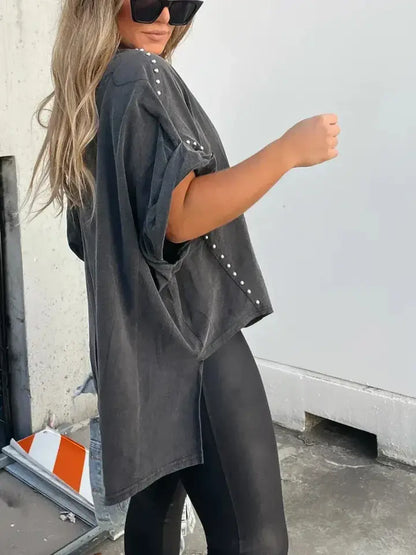 Casual Roll Up Sleeve Oversized Studded Wash Tee