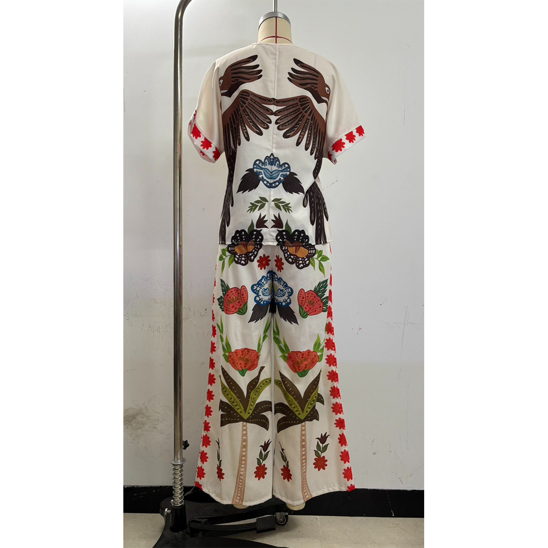 V-Neck Short Sleeve Printed Linen Wide-Leg Pants Set