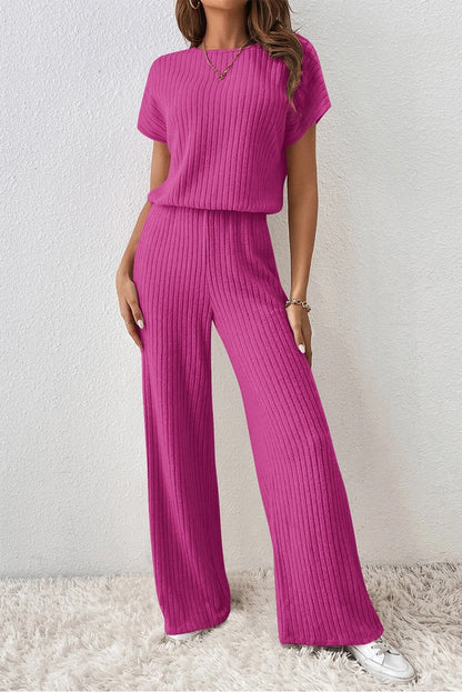 Women Short Sleeve Solid Rib Wide Leg Jumpsuit By Lovesoft