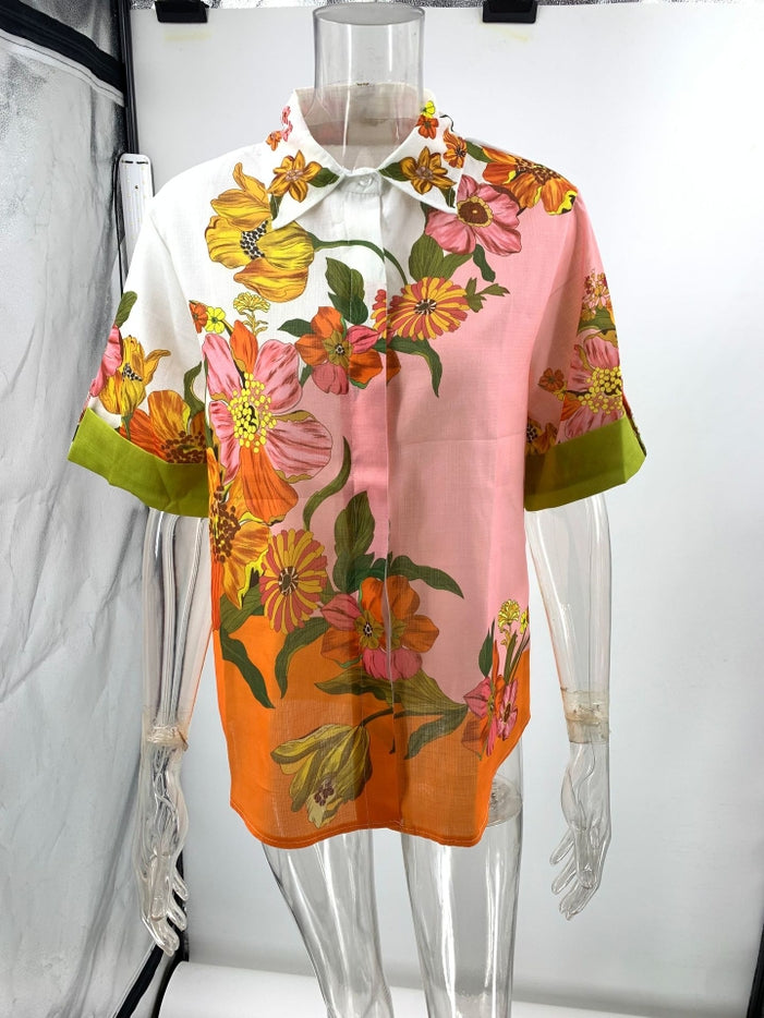 Women Short sleeve Printed Cotton and Linen Two-Piece Set By Rosa Clothing