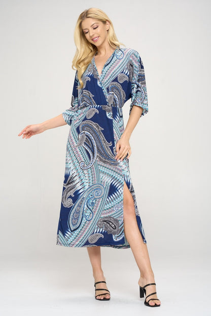 Women Midi Dress V neck Print Jersey with Slit