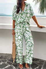Printed Button Up Shirt and Pants 2pcs Set Black