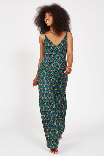 Women V Neck Jumpsuit Peacock Print By Silk & Salt