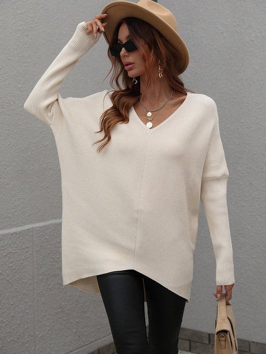 Women V Neck Loose Knit Tunic Sweater