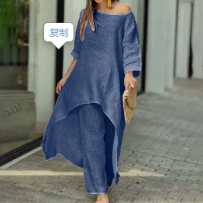 New Women's Cotton Linen Casual Wide Leg Pants Two Piece Set