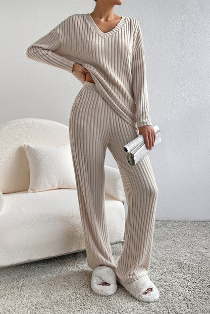 Women Long Sleeve Ribbed Knit V Neck Lounge Set By Lovesoft