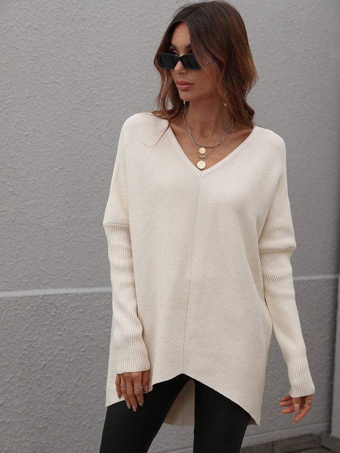 Women V Neck Loose Knit Tunic Sweater