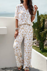 Printed Button Up Shirt and Pants 2pcs Set Black