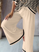 Urban Loose Printed V-Neck T-Shirts Tops& Drawstring Wide Leg Pants Suits: KHAKI / L