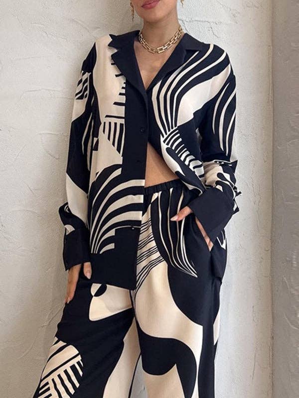 Long Sleeves Loose Pockets Printed Blouses & Pant Set: BLACK / L