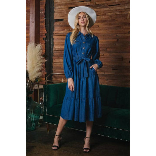 Women Denim Midi Tiered Dress