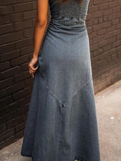 Women Button Front A Line Denim Maxi Dress
