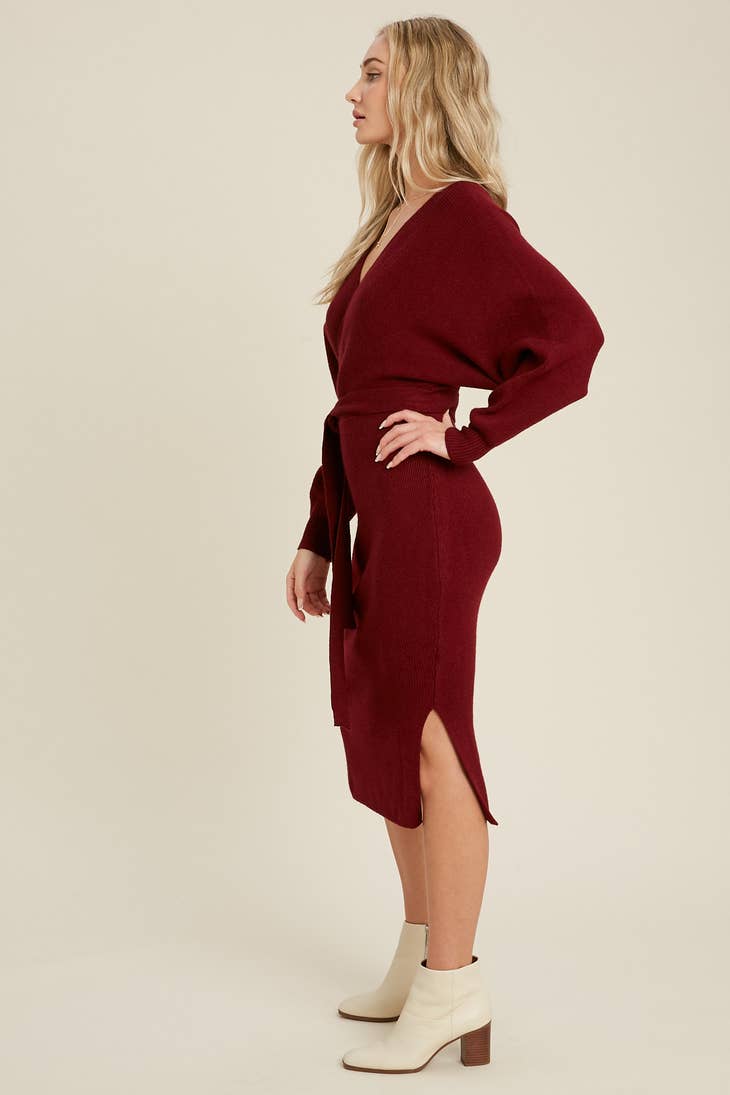 Women Surplice Belted Sweater Dress