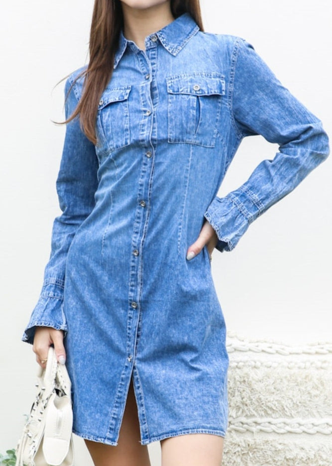 Women Denim Button Down Shirt Dress, Flared sleeves By Ann Kaci