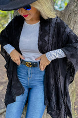 Women Solid Black 3D Textured Open Front Soft Kimono Cardigan: Black / One Size