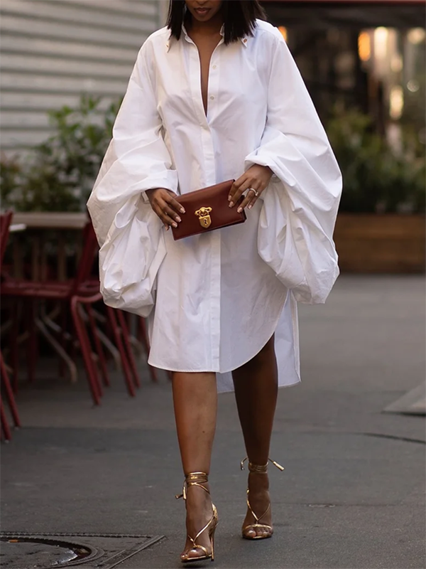 Women Statement Puff Sleeves Loose Pleated Split-Side Solid Color Lapel Collar Midi Dresses