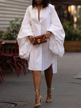 Women Statement Puff Sleeves Loose Pleated Split-Side Solid Color Lapel Collar Midi Dresses