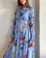 Women Long Sleeve Graffiti Balloon Sleeve Cut-Out Waistline Dress by Rosa Clothing