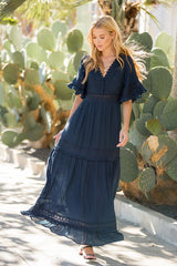 Women V- Neck Lace trim Maxi Dress By Bluivy