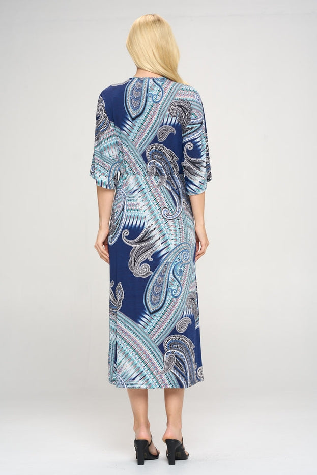 Women Midi Dress V neck Print Jersey with Slit