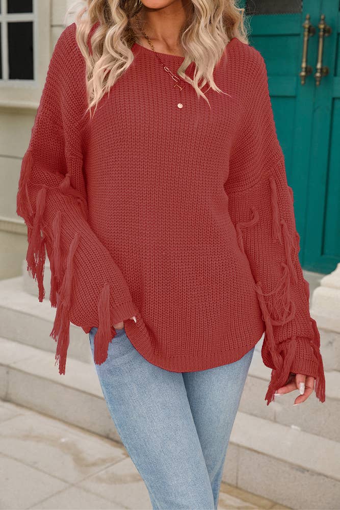 Women Solid Color Tassel Pullover Sweater Rosy / L