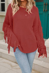 Women Solid Color Tassel Pullover Sweater Rosy / L