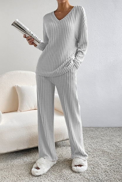 Women Long Sleeve Ribbed Knit V Neck Lounge Set By Lovesoft