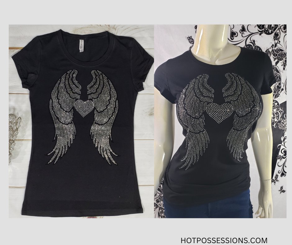 Women Short Sleeve Rhinestone Wings/Heart T Shirt By Bling Bling U Sparkle Girl