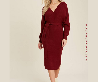 Women Surplice Belted Sweater Dress