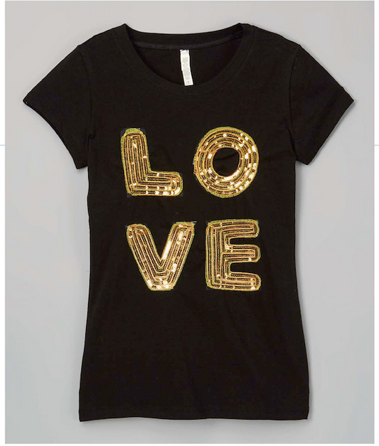 Girls & Junior Short Sleeve Top - Sequin Gold LOVE