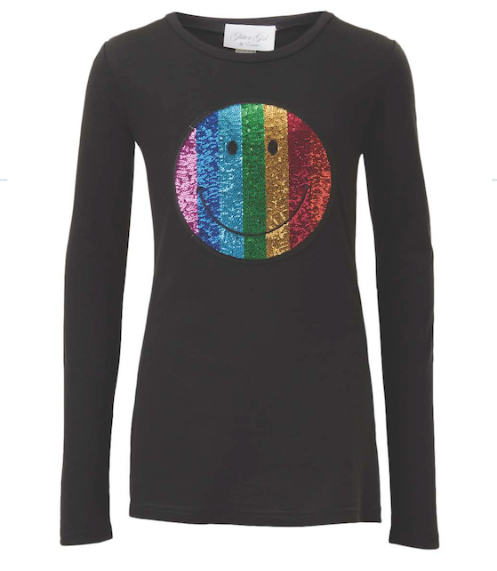 Junior and Girls long sleeve top - Sequin Multi Color Smiley face