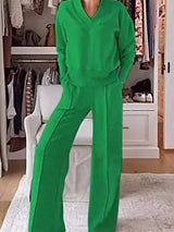 Women Long Sleeve V Neck Elastic Waist Wide Leg Lounge Wear