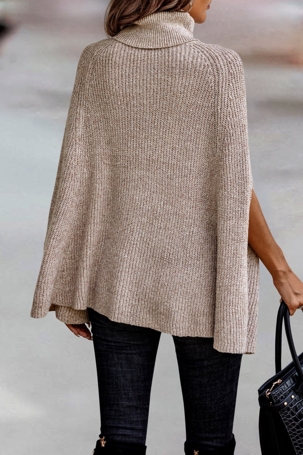 Women Poncho Ribbed Knit Turtleneck