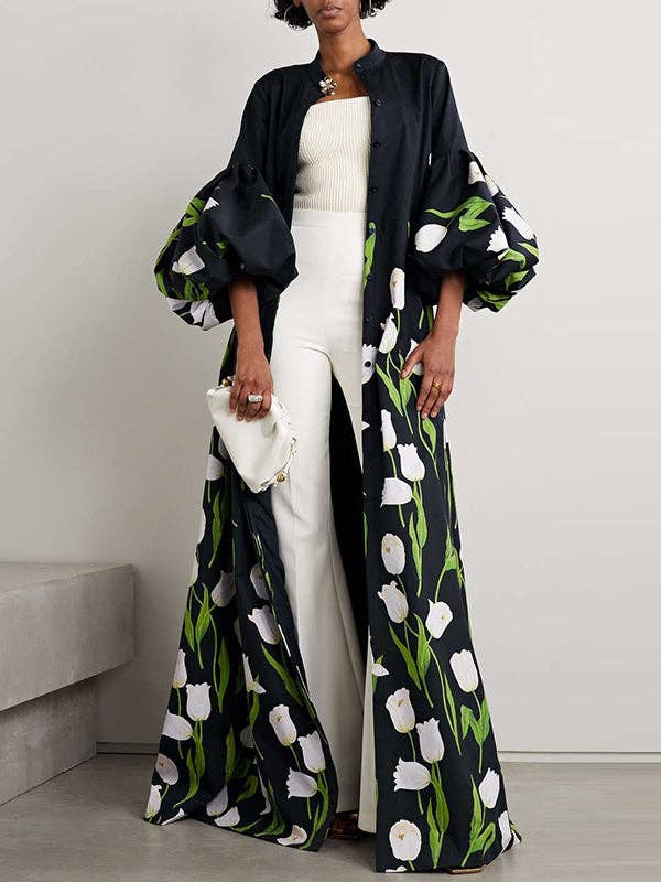 Women Floral Print Pleated Split Stand Collar Trench Coat with Long Sleeves
