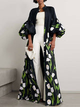 Women Floral Print Pleated Split Stand Collar Trench Coat with Long Sleeves