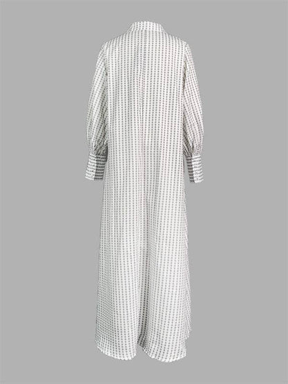 Long Sleeves Loose Buttoned Split-Side Striped Lapel Maxi Dresses Shirt Dress: WHITE / L