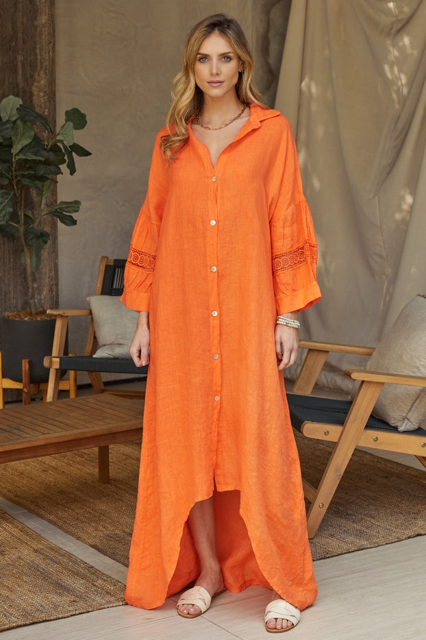 Women Maxi Dress Long Sleeve Linen Puffy Mesh Sleeve