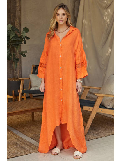 Women Maxi Dress Long Sleeve Linen Puffy Mesh Sleeve