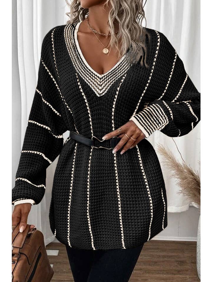 Women Striped Tunic Sweater V Neck