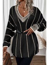 Women Striped Tunic Sweater V Neck