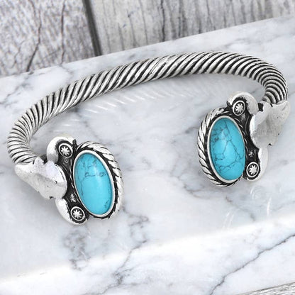 Women Boho Bracelet Oval Turquoise Stone Cable Cuff Bracelet