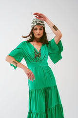 Women Maxi Dress Smocked V Neck