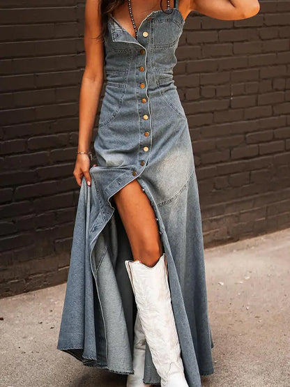 Women Button Front A Line Denim Maxi Dress