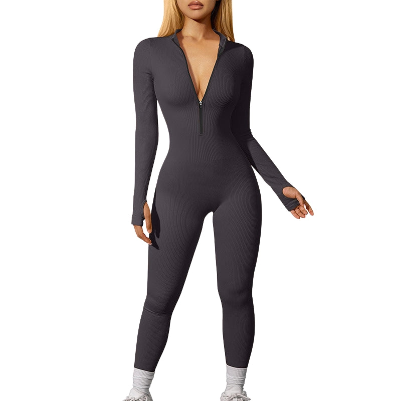 Women Ribbed Long Sleeve Zip up Casual Athletic Jumpsuit