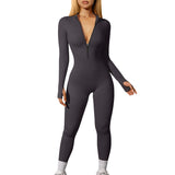 Women Ribbed Long Sleeve Zip up Casual Athletic Jumpsuit